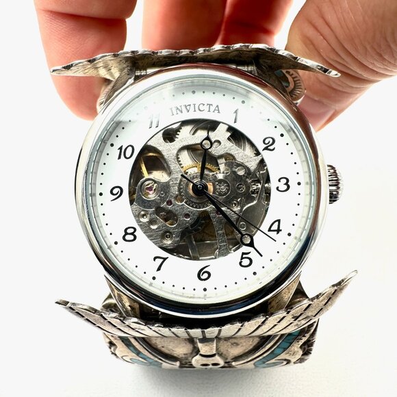 Native American Peyote Bird Coral Turquoise Sterling Silver Watch Cuff 133 Grams - Picture 2 of 9